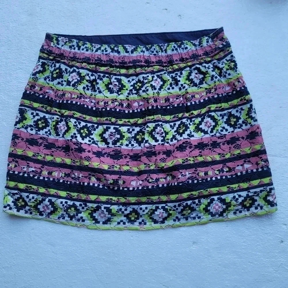 Hollister Floral Lace Mini Skirt Pull On Stretch Navy Blue Pencil Skirt XS
